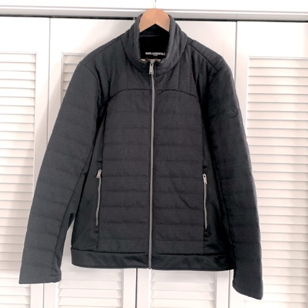 Karl Lagerfeld Hybrid Quilted Jacket Men’s Black & Gray Houndstooth Size Large